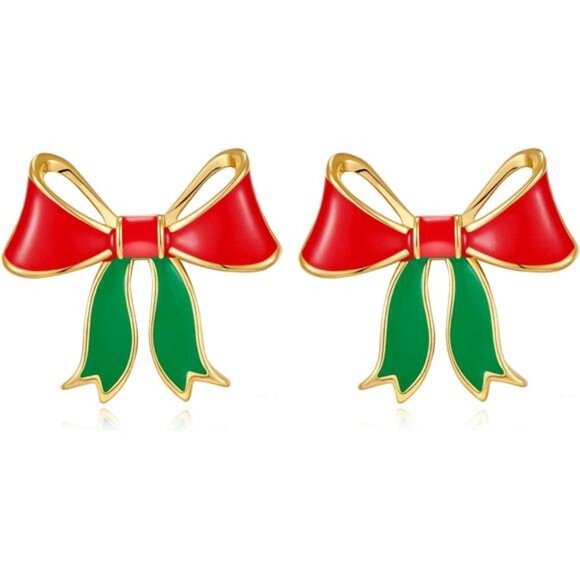 Christmas Bow Earrings | Red & Green Gold Plated Studs | Festive Holiday Jewelry - Picture 1 of 5